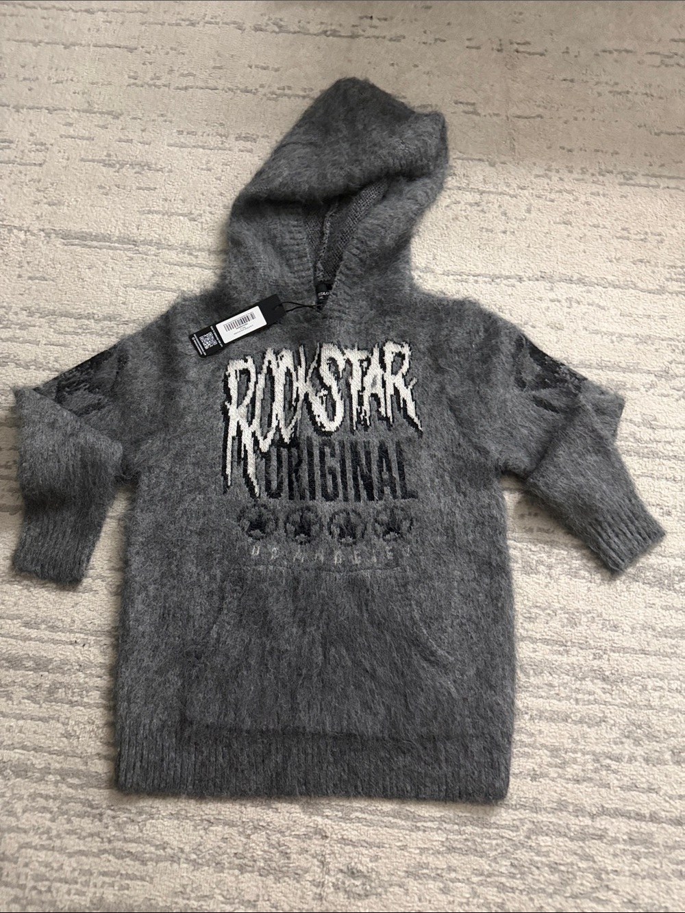 Kids Gray Fuzzy Hooded Pullover with Rockstar Graphic